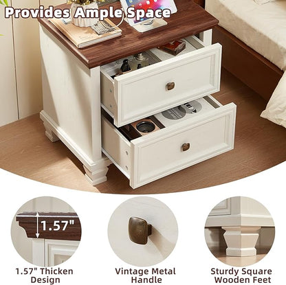 Farmhouse Nightstand with Charging Station, Rustic Low Night Stand with 2 Drawers, Mid-Century Modern End Table with 4 Square Solid Wood Legs, Small Dresser for Bedroom, Home, White