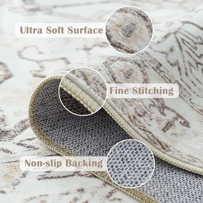 jinchan Lima 2x3 Washable Rug for Entryway - Vintage Floral Ultra-Thin Low Pile Soft Small Non Slip Distressed Indoor Door mat Accent Area Rug for Entrance Kitchen Bathroom Bedroom (2x3ft, Taupe)