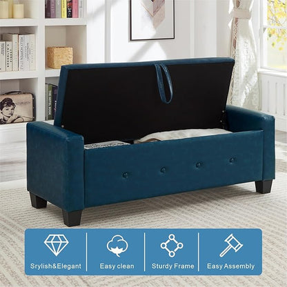 48" Storage Ottoman Bench, Upholstered Button-Tufted End of Bed Bench with Soft-Close Hinge & Solid Wood Legs, Foot Rest for Living Room, Bedroom, Hallway (Faux Leather, Blue)