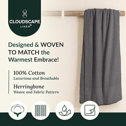 Cloud Scape Linen 100% Cotton Blanket Twin 68x92 Sharkskin - Cozy Herringbone Weave, Fits Up to Twin XL Size Beds, Breathable Softness, All-Season Warmth, Winter Blanket, Bedding Gift Choice