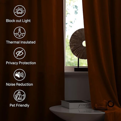 StangH Burnt Orange Velvet Curtains - Vibrant Thermal Insulated Drapes for Living Room, Soft Noise Reducing Curtains, Warm Autumn Decor, W52 x L105, 2 Panels