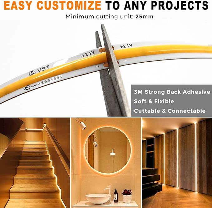 VST 16.4ft COB LED Strip Lights Natural White 4000K, 12V Dimmable LED Tape Light, 48w, 2640 LEDs, Ra 93+, IP30, Lighting for Kitchen, Cabinets, UL Listed (Power Source Not Included)