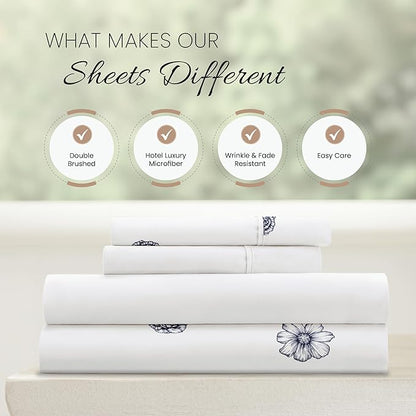Linen Market Patterned Microfiber King Sheet Set 4 Piece – Oeko-TEX Certified Ultra Soft & Wrinkle-Free - 16" Deep Pocket Sheets - Easy Care King Size - Indigo Flowers Navy