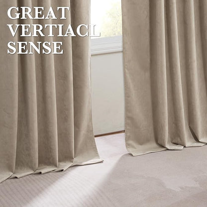 RYB HOME 100% Blackout Velvet Curtains for Living Room, Light Blocking Nursery Curtains 108 inches Long 2 Panels, Back Tab Thermal Insulated Window Drapes for Bedroom, Camel Beige, 52W x 108L