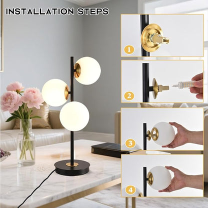 3-Light Black and Gold Table Lamp, Milk White Glass Globe Table Lamp for Nightstand, Mid Century Modern Bedside Lamps for Bedroom Living Room Office, G9 Base (Bulbs Not Included)