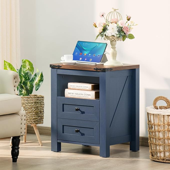 Joaxswe Nightstand with Charging Station, Farmhouse Night Stand with 2 Drawers and Shelf Storage, Blue Wooden Side End Table, Bedside Cabinet for Bedroom, Living Room, Closet,Office