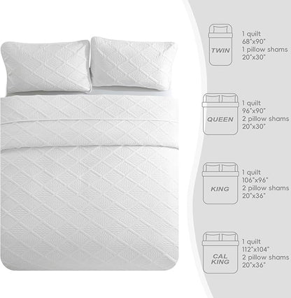 Yiran White Quilt Set King Size Fall Bedspreads Embossed Diamond Pattern 3 Piece Soft Microfiber Coverlet for All Season with 2 Pillow Shams (King, 106x96 Inch)