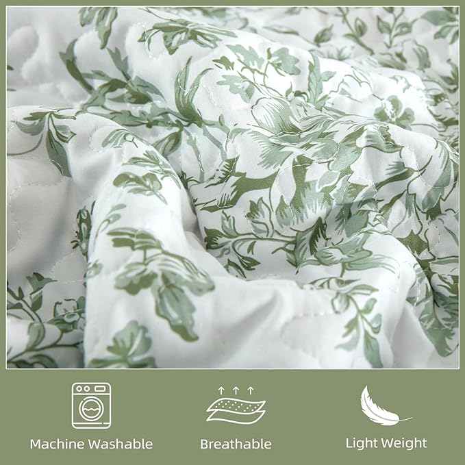 WONGS BEDDING Quilts Queen Size, Sage Green Quilt Bedding Set with 2 Pillowcases, Botanical Quilt for Queen Bed, Soft Microfiber Lightweight Coverlet Bedspread for All Season (96"×90", 3 Pieces)
