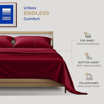 THREAD SPREAD 100% Cotton Bed Sheets Full Sheet Set - 400 Thread Count Sheets Full Size 4 PC Set (Burgundy), Soft, Cooling, Hotel-Quality 16" Deep Pocket Sateen Cotton Bedsheet for Hot Sleepers