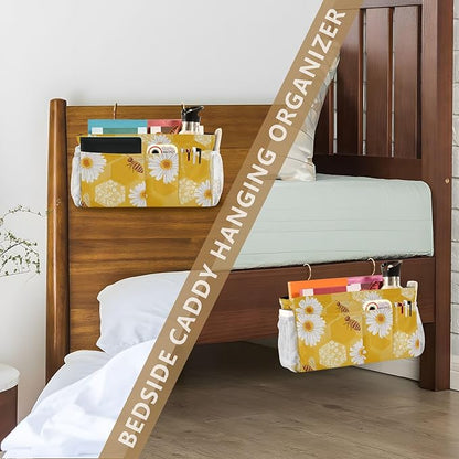Bedside Caddy Hanging Bunk Bed Caddy Bed Organizer Hanging Pocket with 2 Hooks Bedside Storage Organizer Pocket Bag Holder Yellow Honeycomb Bee Daisy