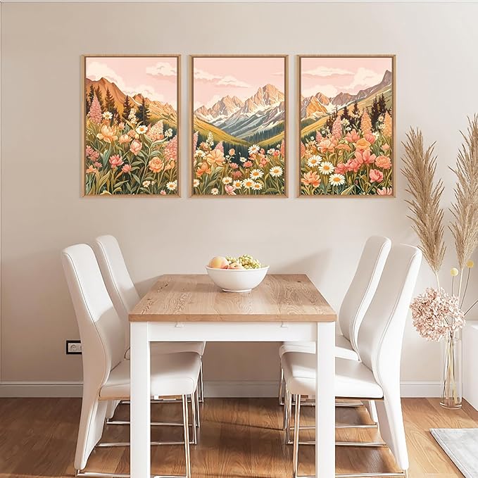 LHIUEM Large Abstract Colorful Mountain Framed Canvas Wall Art,Boho Pink Flower Wall Decor, Nature Wildflower Wall Painting,Bohemian Artwork for Living Room,Bedroom,Dining Room,Office -16"x24"x3