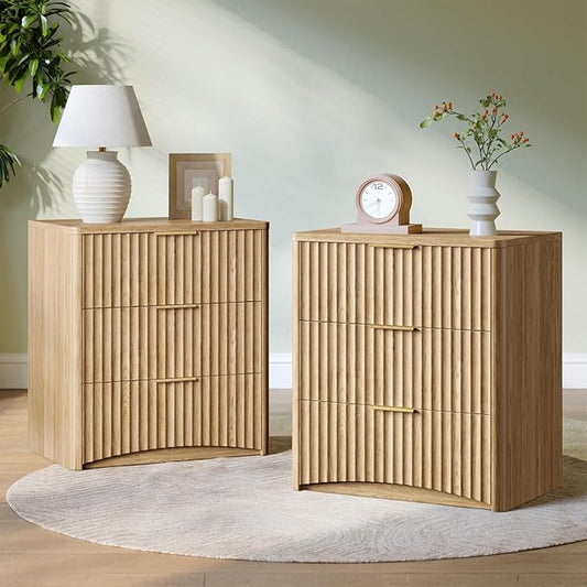 Evermagin Fluted Nightstand Set of 2, Natural Oak Bedside Table with 3 Drawers, Wood End Table with Storage Mid Century Modern, Large Night Stand for Bedroom