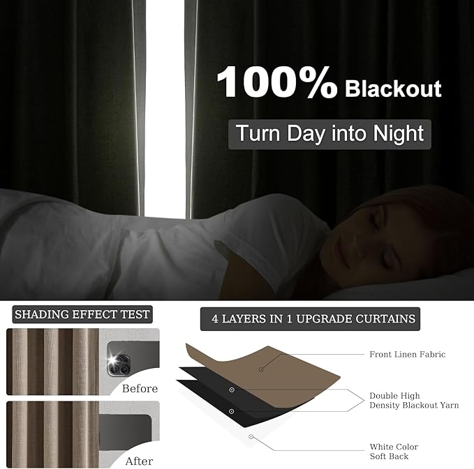 Topfinel 100 Inch Long Black Out Burlap Custom Curtains, Taupe Greige Tweed Pleated Window Coverings, Pinch Pleated Boho Farmhouse Heat Sound Block Back Tab Curtains for Sliding Door Bay Window