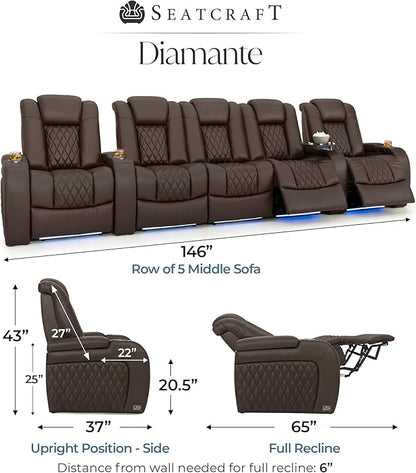 Seatcraft Diamante Zero-Gravity CoolZero Italian Leather Home Theater Seating, Power Headrest, Power Recline, Row of 5 Middle Sofa, Brown