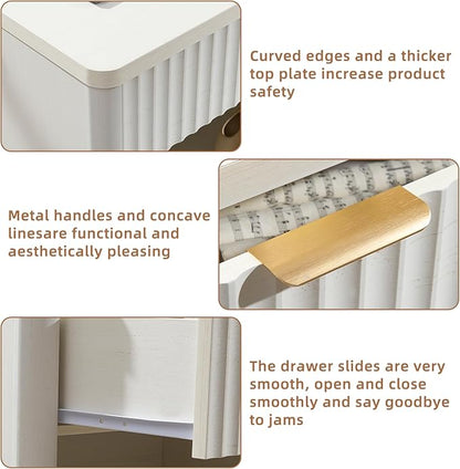 LEYAOYAO 31" Wide Fluted Nightstand with Charging Station, Oversized Extra Large 1 Drawer Night Stand with Golden Handle, White Wood Bedside Table Tall End Tables,for Bedroom, Living Room, Hallway