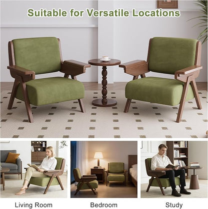 Accent Chair Mid Century Modern Chair, Velvet Upholstered Lounge Arm Chair with Solid Wood, Cozy Reading Chair for Living Room, Bedroom, Balcony (Green)
