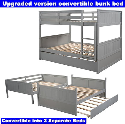 Upgraded Version Best Full Over Full Bunk Bed with Trundle, Thicken Solid Wood Full Size Bunk Bed, Bunkbed Frame Full Over Full, Convertible to 2 Beds, Easy Assembly for Adults (Grey)