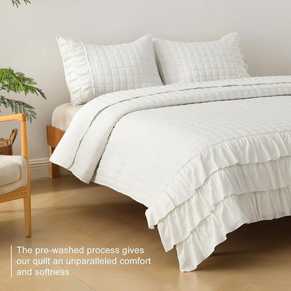 HORIMOTE HOME Ivory Ruffled Quilt Set King Size, Classic Geometric Square Stitched Pattern, Pre-Washed Farmhouse Shabby Chic Microfiber Lightweight Bedding Set Bedspread Coverlet for All Season