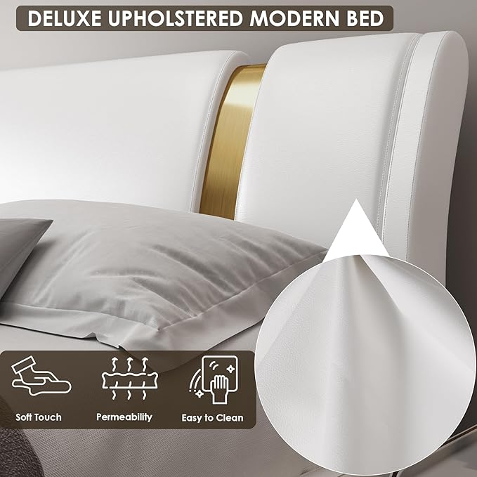 TTVIEW Modern Faux Leather Upholstered Platform Bed Frame with Golden Iron Metal Decor, Adjustable Curved Headboard, Wooden Slats Support, No Box Spring Needed, King Size, White