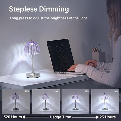 Tulip Table Lamp with 5200mAh Battery & Touch Control, Cordless Small Table Lamp with 3 Colors, Dimmable Rechargeable Table Lamps for Living Room, Bedroom, Desk, Bedside (Clear Purple Tulip)