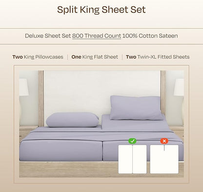 California Design Den 100% Cotton Sateen Split King Sheet Set - Luxury 800 Thread Count Bedding Set with Deep Pockets - Lavender