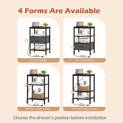 SUPERJARE Nightstand Set of 2, Bed Side Tables with Charging Station, Adjustable Fabric Drawer, Night Stand for Bedroom, 3-Tier Storage End Tables, Walnut, 8694NC