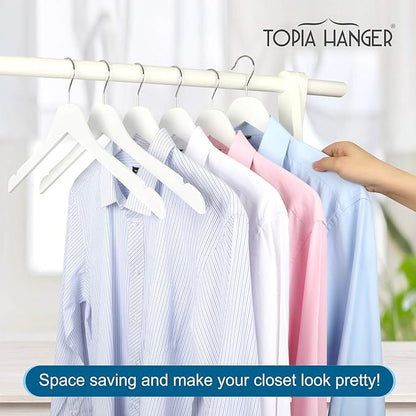 TOPIA HANGER White Wooden Hangers 10 Pack, 0.28 inch Slim Wood Clothes Hanger with Flat Design and Smooth Notches, Lightweight&Durable Space Saving Hangers for Shirt, Coat, Camisole-CT29W