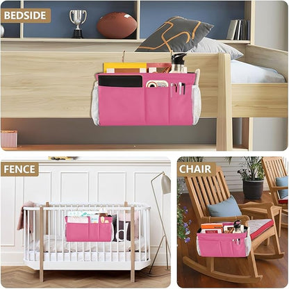 KOPIRIT Neon Rose Red Bedside Caddy Storage Bag Bedside Organizer for Dorm Room Top Bunk Bed Hanging Bag Bedside Shelf 6 Pockets with Hooks for Magazine Water Bottle Holder