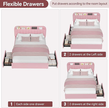 Jojoka Queen Bed Frame with Storage Headboard and 2 Drawers, Boucle Upholstered Platform Bed, Modern Girls Bed Frames for Rooms, No Box Spring Needed, Easy Assembly, Light Pink