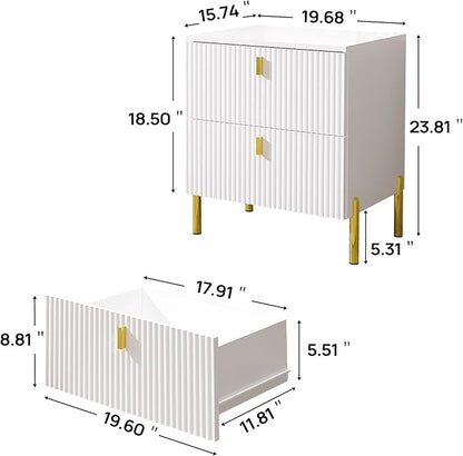 Luxury Fluted Night Stand Set of 2, Nightstand with 2 Drawers, Modern Bedside Table with Golden Legs and Handles, End Tables for Living Room Bedroom, White