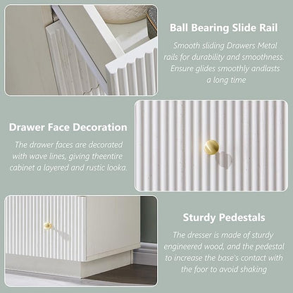 Fluted Dresser for Bedroom, 55" W White 8 Drawer Dressers, Wood Tall Dresser Storage Organizer, Modern Bedroom Chest of Drawer with Deep Storage for Closet Hallway, Entryway, Living Room White