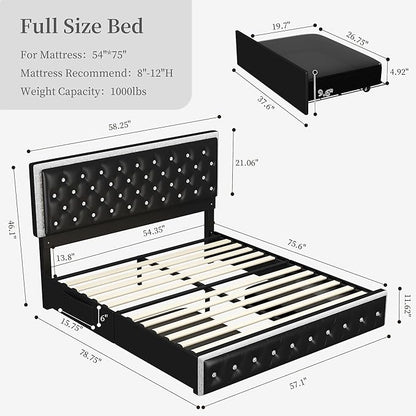 Full Led Bed Frame with 2 Drawers, Upholstered Platform Storage Bed Frames Full Size with Crystal Button Tufted Headboard Footboard, Solid Slats, No Box Spring Needed, Easy Assembly, PU Black