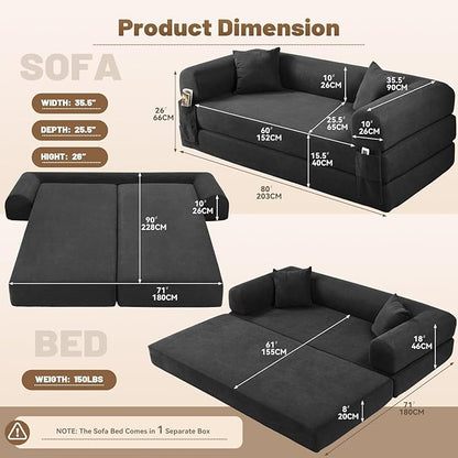 Convertible Futon Sofa Bed,80" Folding Pull Out Couch Bed with Pillows & Storage,Queen Sleeper Sofa Bed,Compressed Couch in a Box,Corduroy Boneless Couches for Living Room,Deep Gray