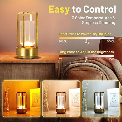 Crystal Lantern Lights Set of 2, Czgor Battery Operated Rechargeable Cordless Crystal Table Lantern Lamp with 3-Color, Small LED Desk Lamp for Indoor/Outdoor Patio Camping Bedroom Bar Restaurant(Gold)