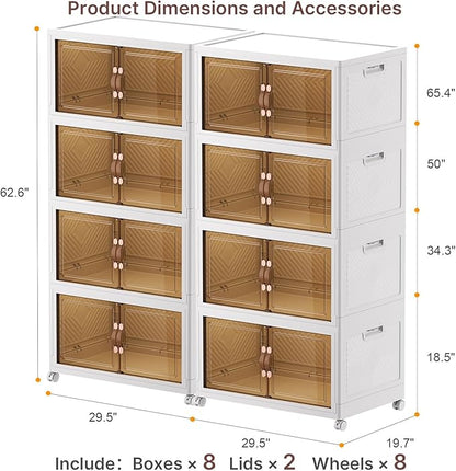 1280Qt Stackable Storage Bins with Lids, 8 Pack Large Collapsible Bins with Wheels, Plastic Cabinet with Doors, Foldable Closet Organizers and Storage for Home, Dorm, Office, White