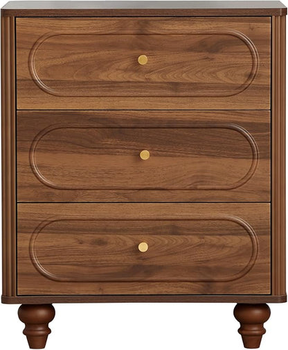 3 Drawer Fluted Dresser for Bedroom Set of 2, Mid Century Modern Chest of Drawers, Wood Storage Small Dresser Organizer for Bedroom Living Room Hallway Closet, Walnut