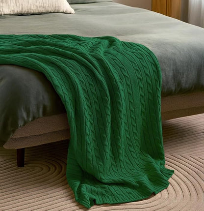 100% Cotton Cable-Knit Throw Blanket: 60" x 70", Ultra Soft, Breathable, All-Season Comfort & Versatility, Ideal for Couch, Bed, Travel and Gifting (Green)