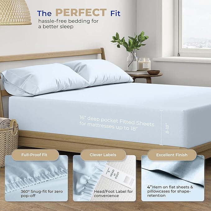 THREAD SPREAD 100% Cotton Queen Sheets Set - 400 Thread Count Queen Size Sheets (4 PC, Light Blue), 16" Deep Pocket All Around Elastic, Soft, Cooling, Durable & Breathable Sateen Weave Bed Sheet Set