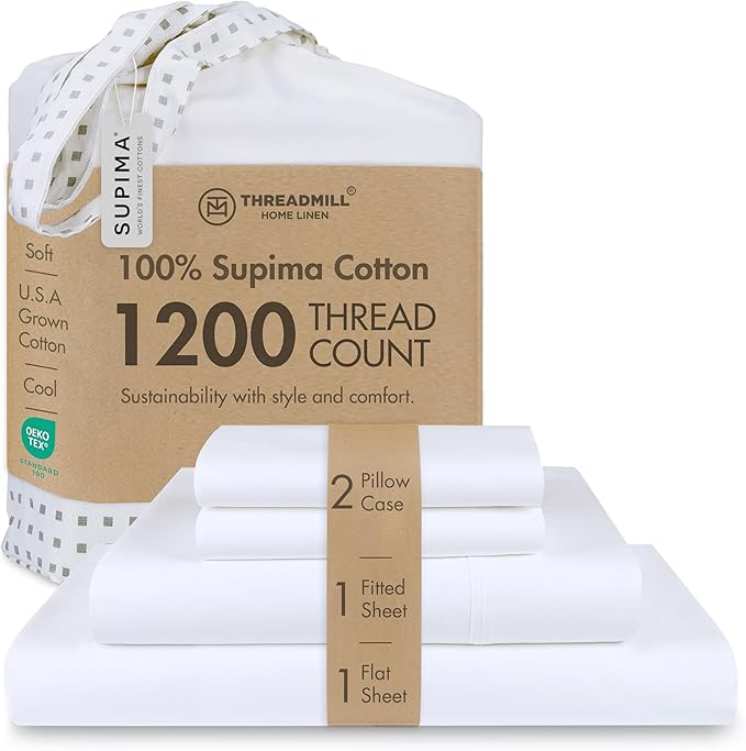 Threadmill 100% American Certified Supima Cotton Sheets King Size - 1200 Thread Count, 4Pc King Size Sheets Set, Smooth Sateen, Ultra Luxury Bed Sheets, 17" Deep Pocket King Sheet Set - White Sheets