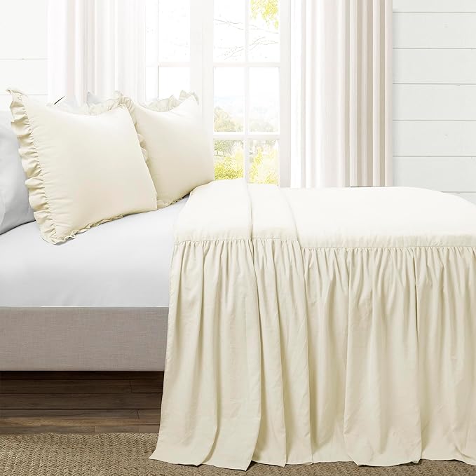 Lush Decor Ruffle Skirt Bedspread Set - 3-Piece Luxurious Farmhouse Bedding - Elegant Ruffle Detail - Timeless Style - Soft Lightweight Sheets - Queen, Ivory