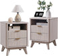 T4TREAM Fluted Nightstand Set of 2 with Charging Station, 18" Modern Side Table with 2 Drawer, End Table w/Storage, Bedside for Bedroom, Living Room, Curved Profile Design, White Alder