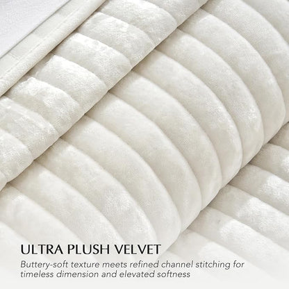 EVERGRACE Velvet Quilt Set King Size, Luxurious Soft Striped Channel Bedding Set, Lightweight Velvet Comforter for All Season, Oversized Bedspread Coverlet with 2 Matching Shams, Ivory White
