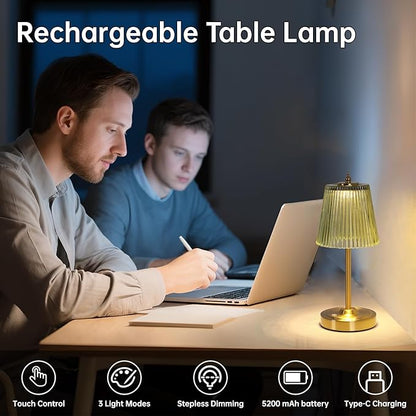 Small Table Lamp with 5200mAh Battery & Touch Control - 3 Adjustable Color Temperatures, Dimmable Rechargeable Table Lamps for Living Room, Bedroom, Bedside (Green Stripe)