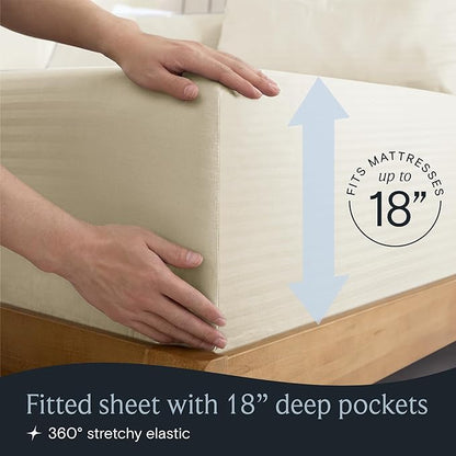 LuxClub 4 PC King Sheet Set, Deep Pockets Wrinkle Free Cooling Bed Sheets Hotel Bedding for Women, Men, Includes 1 Fitted Sheet, 1 Flat Sheet and 2 Pillowcases-Striped - Cream