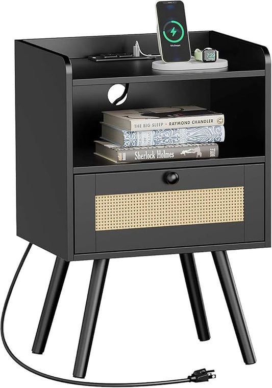 SUPERJARE Nightstand with Charging Station & Rattan-Like Decor Drawer, Rattan End Table with Solid Wood Feet, Bed Side Table with Open Storage, for Bedroom, Living Room, Dormitory - Black