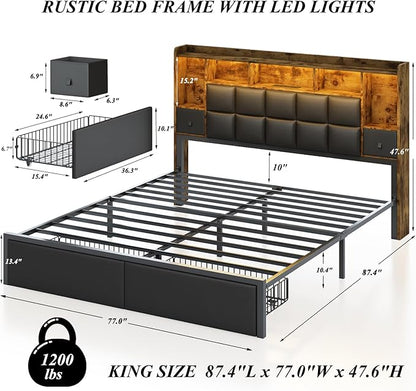 LED Bed Frame King Size with Bookshelf PU Leather Headboard, 2 Hidden Storage Drawers, Upholstered Platform Bed with Charging Station, Metal Slats Support, Noise Free, No Box Spring Needed