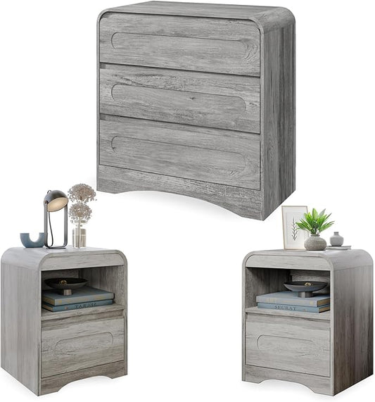 3 Piece Bedroom Set, Dresser and Nightstand Sets for Bedroom, Wood 3 Drawer Dresser & Night Stand Set of 2, Wide Chest of Drawers Modern Storage Cabinet Bedroom Furniture Set, Grey