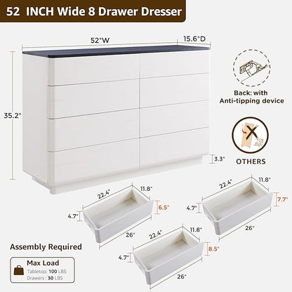 ACCOHOHO 8 Drawer Dresser for Bedroom, 52 Inch Wide Modern Chest of Drawers, Push-to-Open Wood Storgae Organizer with Large Drawers for Bedroom, Living Room, Hallway, Off White