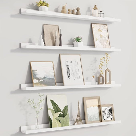 Fun Memories Picture Ledge Shelf for Wall, Floating Shelves Set of 4, 36 Inch Long Nursery Book Shelves for Toys Storage, Kids Bookshelf Wall Mounted for Books Photo Frames, White