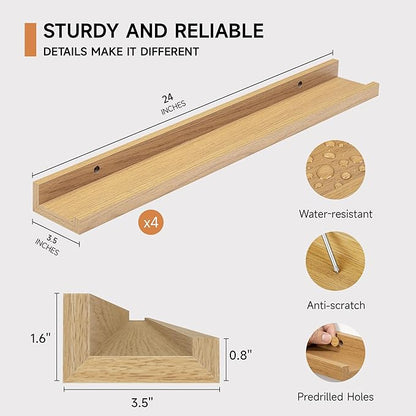 Fun Memories Picture Ledge Shelf for Wall, Floating Shelves Set of 4, 24 Inch Long Nursery Book Shelves for Toys Storage, Kids Bookshelf Wall Mounted for Books Photo Frames, Oak